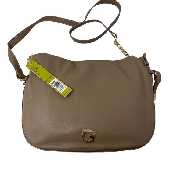 Gianni Bini Taupe Tan Crossbody leather bag purse with gold chain accent - Picture 1 of 8